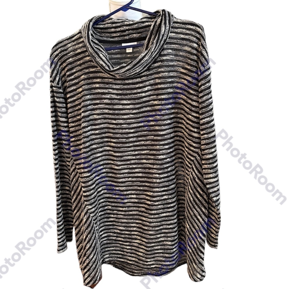 J. Jill Textured Lightweight Black & Cream Striped Cowl Neck Tunic Sweate…